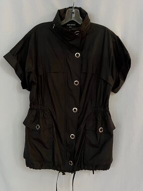 Bebe Sport Nylon Jacket Short Sleeve Full Zip/ Snap Button Hoodie Black  Sz L